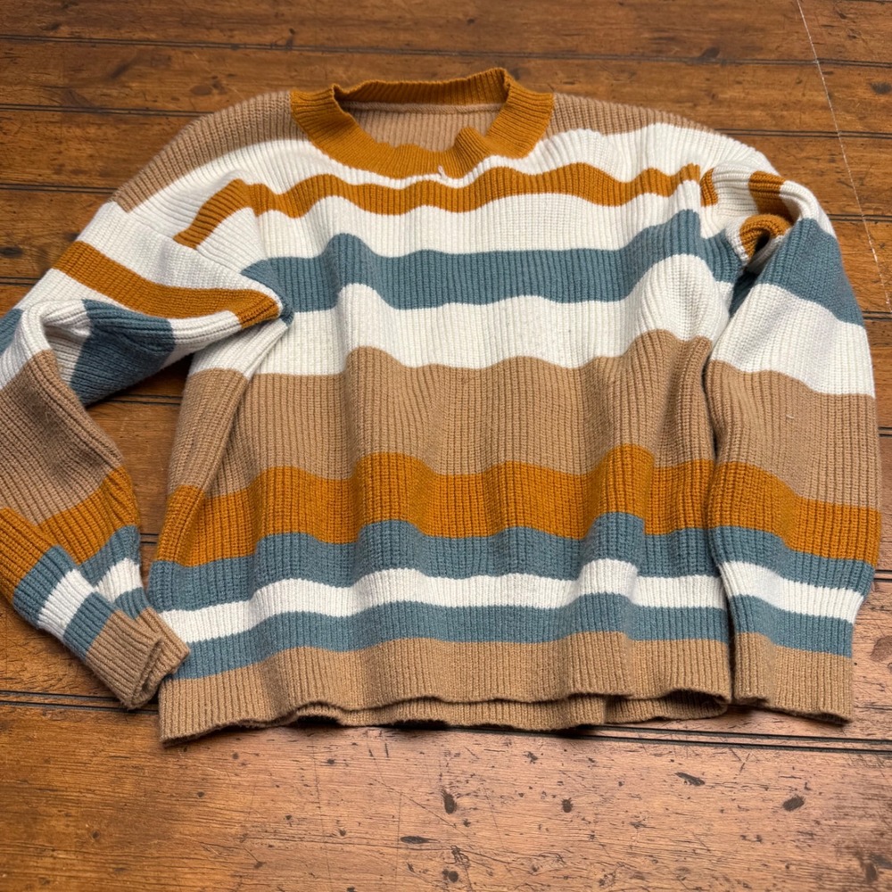 Striped Crew Neck Long Sleeve Sweater Women's Size L‎ Mustard White Blue Tan